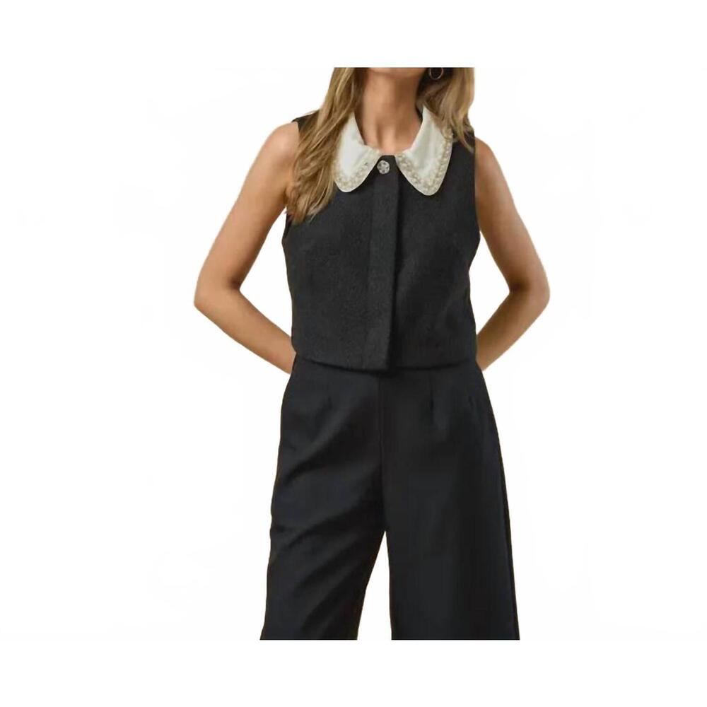 NEW LALAVON women's the beaded collar tweed top in black